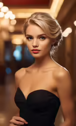 a woman in black dress with red lipstick