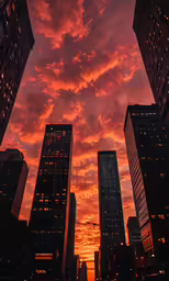 sunset in the city with some tall buildings