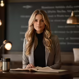 a woman is sitting at a table with a book in front of her