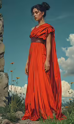 a beautiful young woman standing by rocks with an orange dress