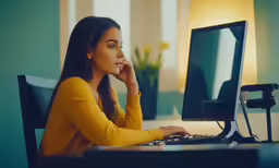a woman sitting at her computer looking sideways