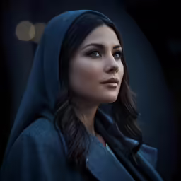 a woman is dressed in a hooded robe with a hood up