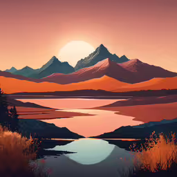 the painting shows the view of mountains, lake and sunset,there is an image of the beautiful mountains
