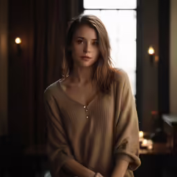 a woman in a brown sweater leaning against a table