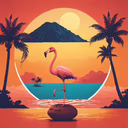 a flamingo standing on a rock on a tropical beach,a bird standing on top of a ball on the beach