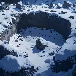 a rocky outcropping of snow is on the side of a hill
