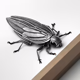 a black and white insect drawing sitting on top of a wood block