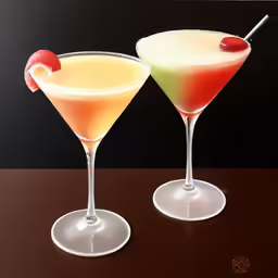 two glasses filled with alcoholic drinks and one has fruit on top