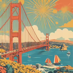 a travel poster depicting a bridge and a city