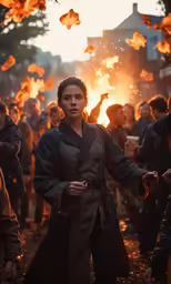 a person with torches in a crowd at night