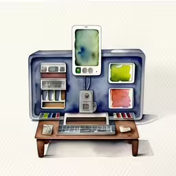 a computer with a blue box sitting on top of it,the computer case is covered in a colorful painting