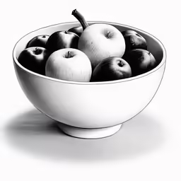 a bowl of apples in a monochrome image