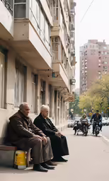 elderly man and woman sitting on bench next to building