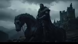 a man riding on the back of a horse next to a castle