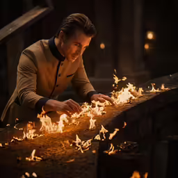 the young man in a brown jacket is using fire to put something on