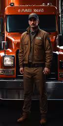 the man is posing in front of his truck,a man in uniform posing by a truck