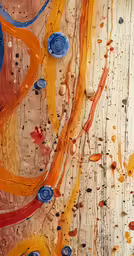 abstract acrylic painting on a wood plank surface