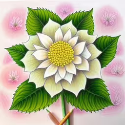 a large white flower with green leaves on it,an artistic drawing of a flower with pencils
