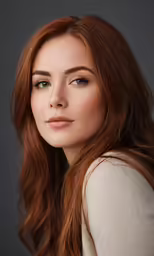 the woman is looking into the distance with red hair