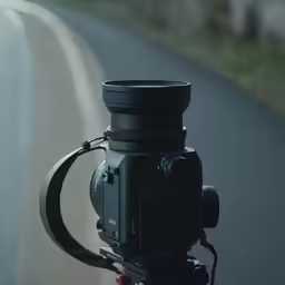 camera sitting on a tripod in front of a road