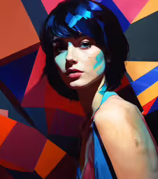 a young woman poses in front of a multi colored background,a woman with dark blue hair and face paint standing in front of colorful artwork