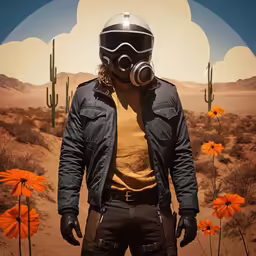 a man with a gas mask and gloves, standing in the desert