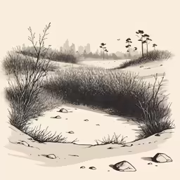 an ink drawing of a swamp and trees