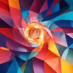an overhead shot of a person inside a spiral colored paper sculpture