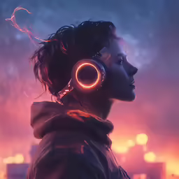 a person wearing headphones is looking at a city