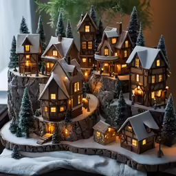 a lit - up lighted village of miniature homes and trees