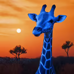 a giraffe is looking into the camera at sunset