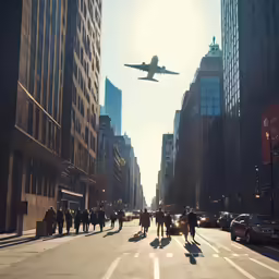 the airliner is flying above the city buildings