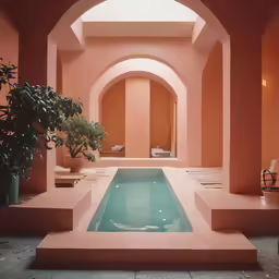 an orange building has a pool and plants