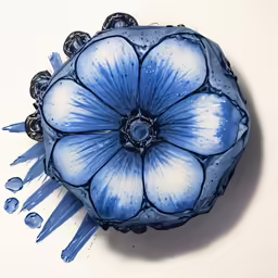blue and white flower in a black vase