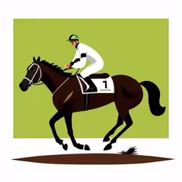 a drawing of a jockey on the back of a horse,a horse and jockey in front of a green background
