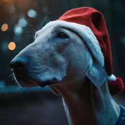 a dog wearing a santa hat looking into the distance