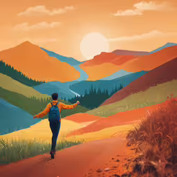 painting of a person walking in the mountains,an illustration shows a man hiking on a trail