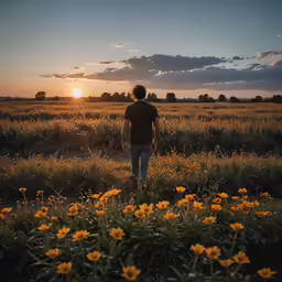 a person standing in a field at sunset