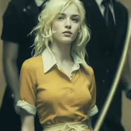 a woman is shown standing in front of some men