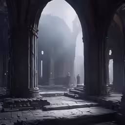 a stone courtyard with pillars in it