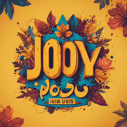 the joy word with flowers and leaves is in yellow and blue,the words