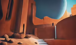 a man standing on top of a stairway in a desert