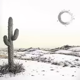 the night sky with no moon and two cactuses and one bird flying in the distance