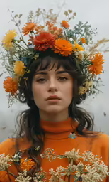 a girl in an orange top with flowers around her head
