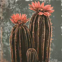 two large, brown cactus plants are on a dark surface