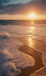 the sun sets in the distance over the ocean and waves