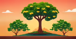 an animated tree with yellow flowers and mountains in the background,a large tree with yellow flowers in front of mountains