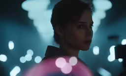 a woman is looking at a camera while holding a disk in a room