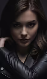 a beautiful woman posing with her leather jacket over her shoulder