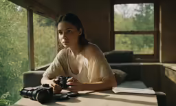 a woman sits at a table with some camera